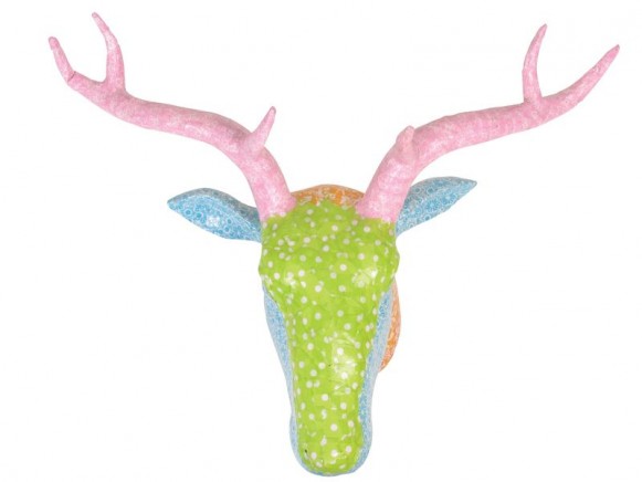 Hirschkopf aus Pappmaschee von RICE (grün-türkis-pink)