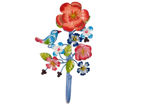 Wandhaken mit Vogel und Blumen in dunstblau von RICE Dänemark