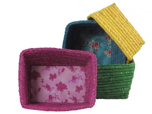 Raffia bread basket in green mixed colours by RICE (set of 4)