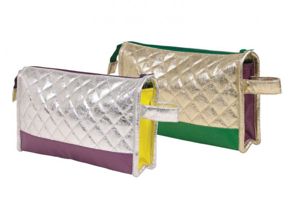 Small toiletry bag in gold/green or silver/purple fabric by RICE