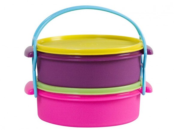Round food containers with carrier strap in blue by RICE