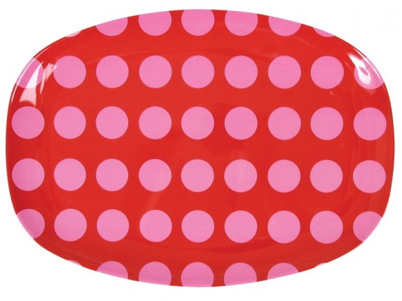 Rectangular melamine plate in red with pink dots by RICE
