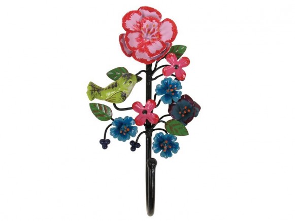 Hand painted metal hook in black with flowers and bird by RICE