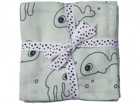 Done by Deer Burp and Swaddle Cloth 2-pack SEA FRIENDS blue