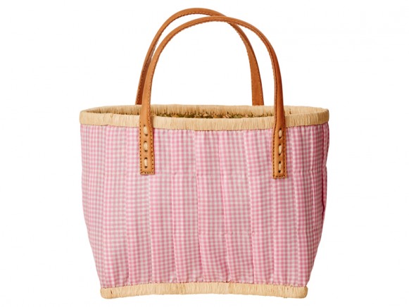 RICE kids fabric shopping bag with leather handles in pink vichy 