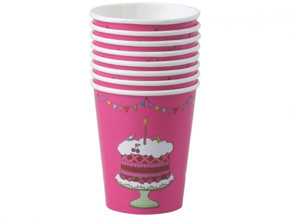 8 happy birthday paper cups in fuchsia by RICE Denmark