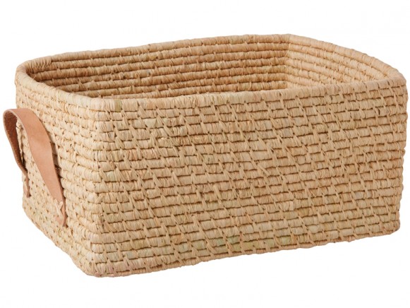 RICE basket leather handles rectangular natural