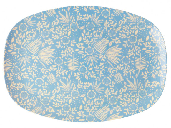 RICE Melamine Rectangular Plate FERNS & FLOWERS light blue