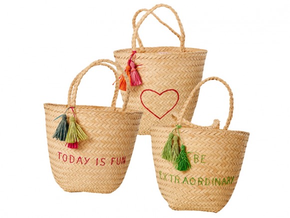 RICE Natural Beach Bag with Embroidery and Tassels