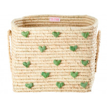 RICE Square Raffia Basket with HEARTS Green