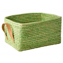 RICE Rectangular Raffia Basket with Leather Grips SOFT GREEN