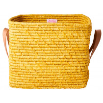 RICE Square Raffia Basket with Leather Handles YELLOW