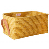 RICE Rectangular Raffia Basket with Leather Handles YELLOW