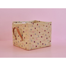 RICE Square Raffia Basket with Leather Handles DOTS