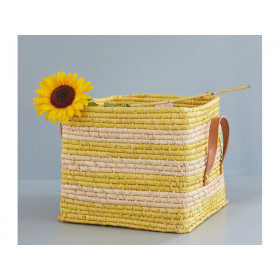 RICE Square Raffia Basket with Leather Handles STRIPES yellow